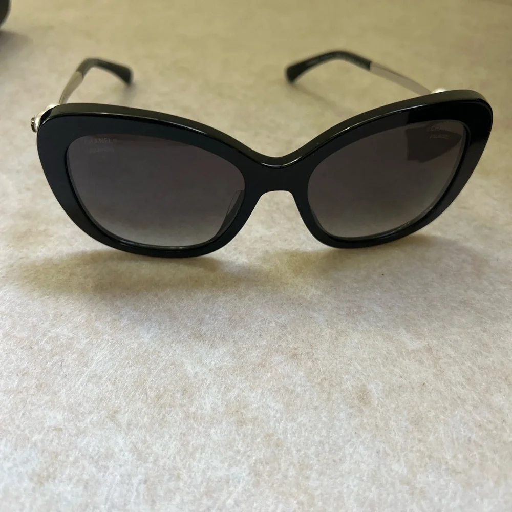 Chanel Black Square Sunglasses with Pearl Detail